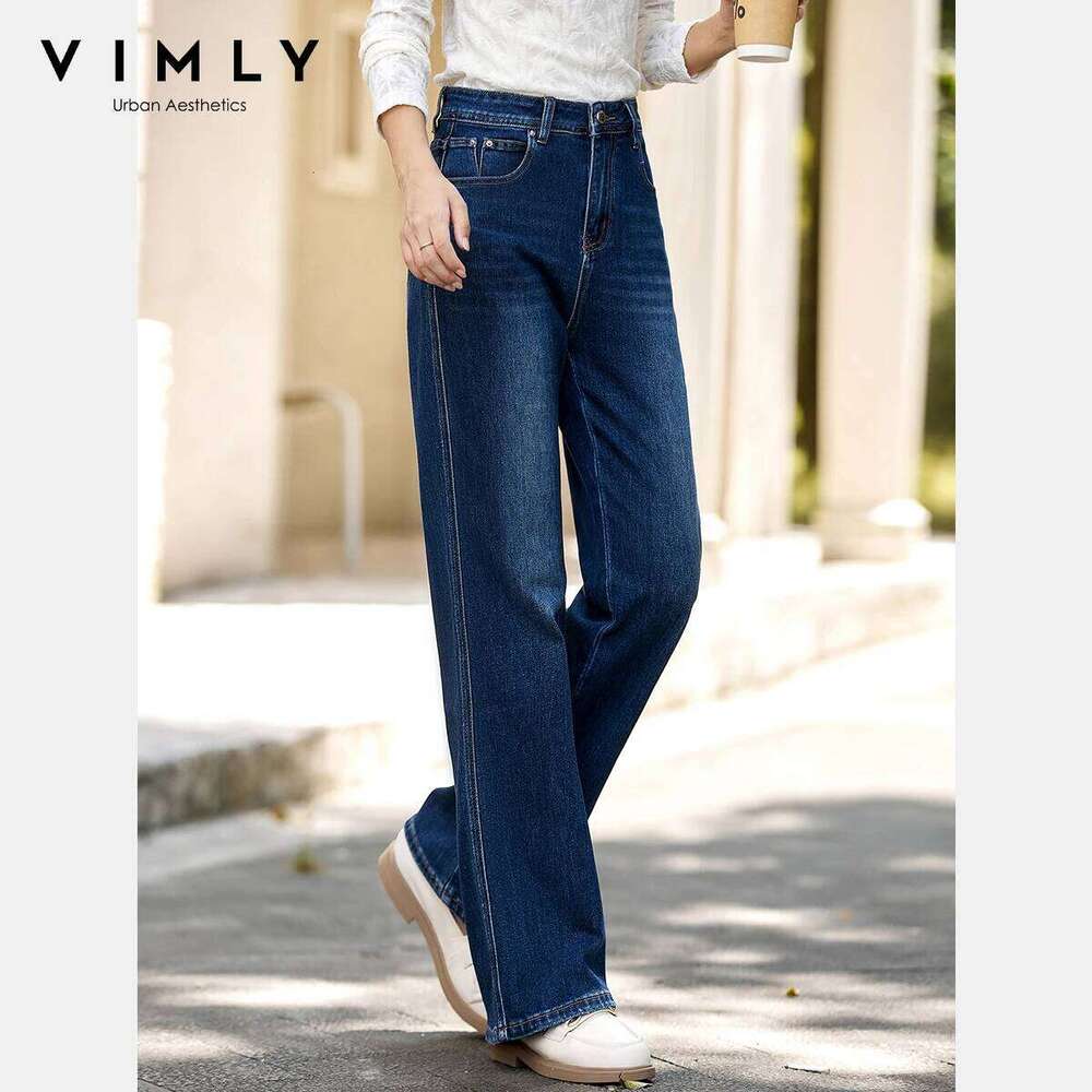 VIMLY Blue Denim Woman Pants Autumn Vintage 2025 New Straight Pockets Wide Leg Female Jeans Casual Button Trousers Ladies 75180 X251224