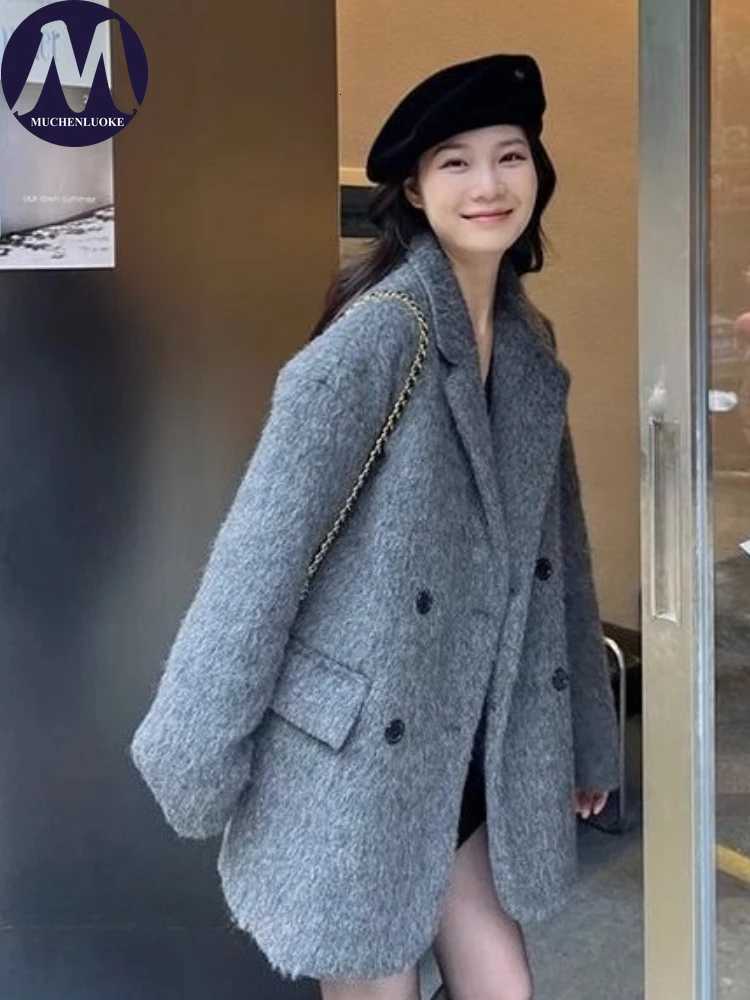 Coats for Woman Autumn Winter New Elegant Long Sleeves Thickening Woolen Suit Jacket Korean Fashion Casual Loose Keep Warm CoatT251224