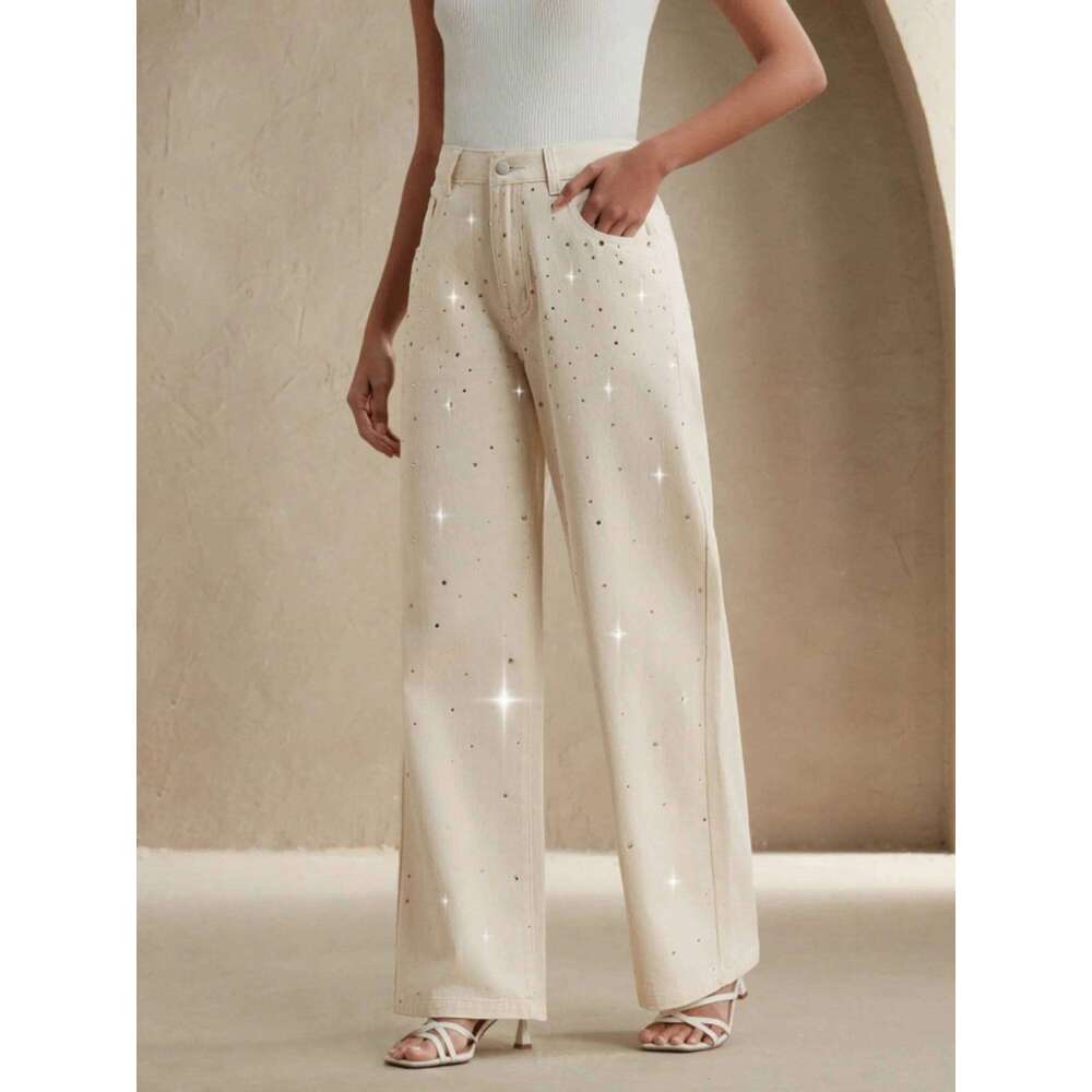 2025 autumn new style white women's wide-leg jeans with colorful diamond design loose fit slimming effect and good draping qua X251224