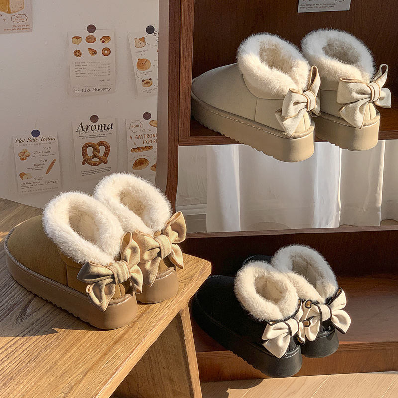 Winter new butterfly knot cotton boots women's bag heel home with plush warm thick soled casual shoes
