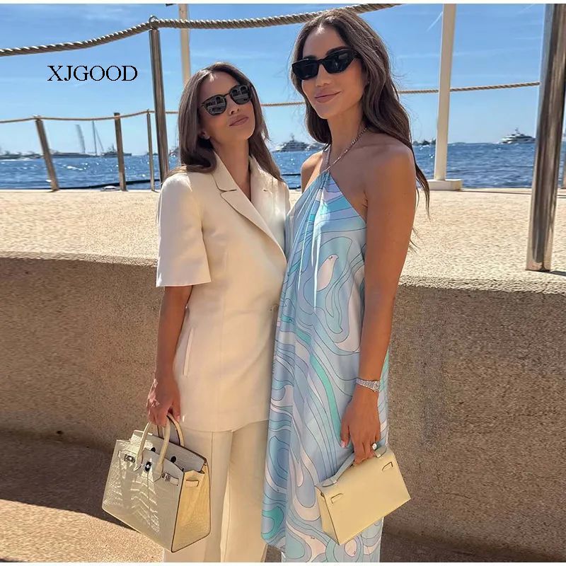 Casual Dresses Printed Ripple Backless Halter Long Dress Woman Loose Irregular Hem Sleeveless Robes Fashion Vacation Women's No brand logo