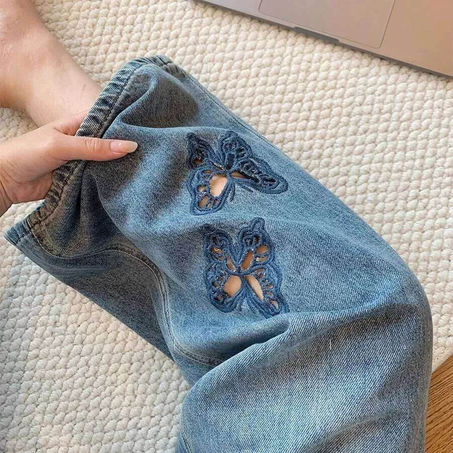 Y2K Blue Jeans Women Retro Hollowed Butterfly Straight Pants Nine Tenths Wide Leg Autumn Design Sense X251224