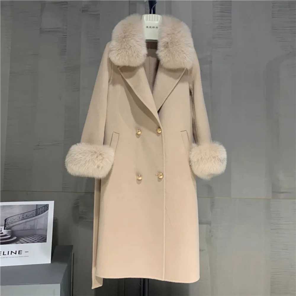 Long Woolen Jacket 2024 Women Big Real Fox Fur Collar Fashion Winter Cashmer Blended Coat Double Breasted Belt Outwear CuffsT251224