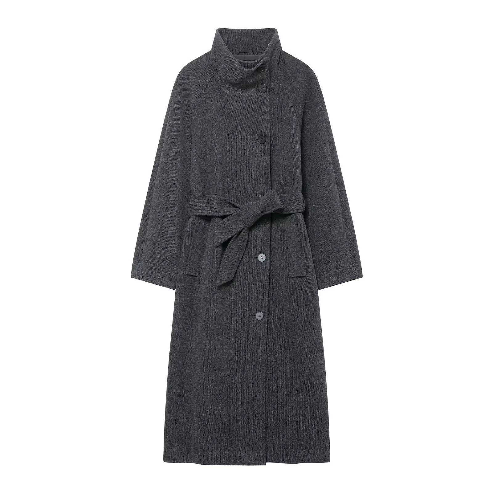 Womens Single Breasted Woolen Loose Overcoat New Long Coat Stand-up Collar Belt Female Autumn Winter Chic Casual OvercoatT251224