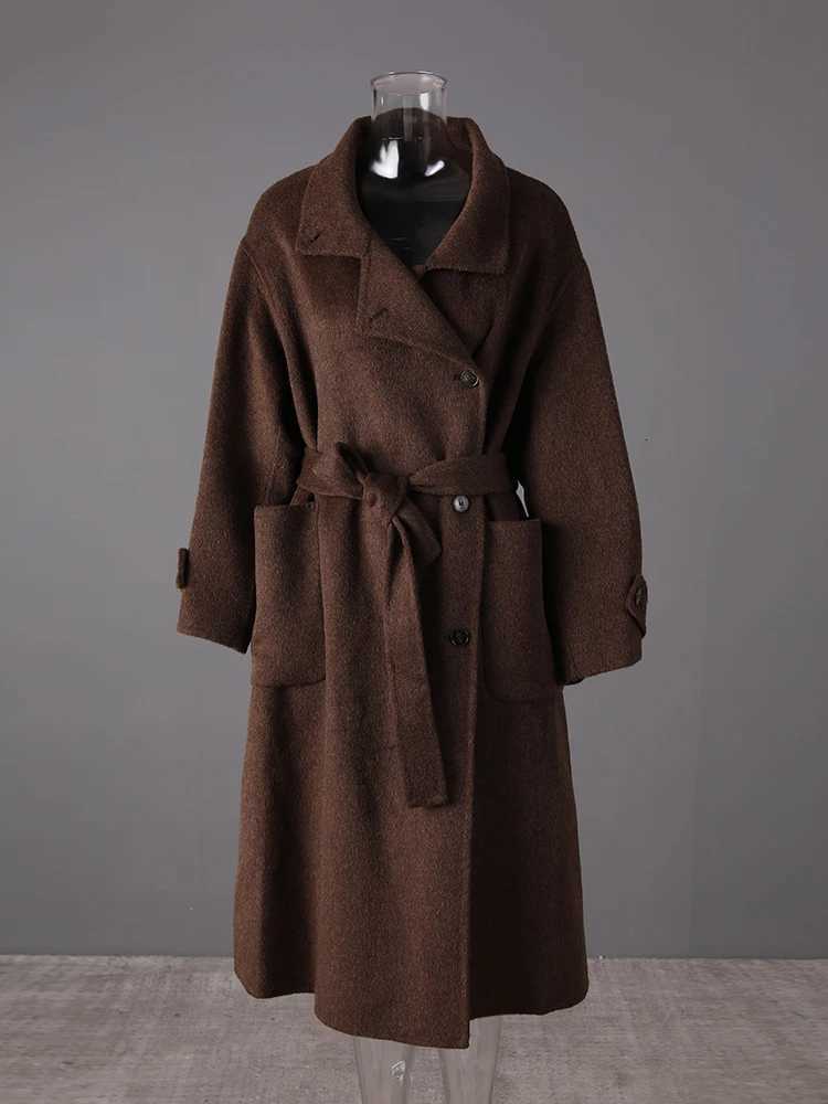 DEAT Fashion Brown Double Side Woolen Coat Womens Lapel Loose Single Breasted Big Pockets Sashes Blends Overcoat Autumn NewT251224