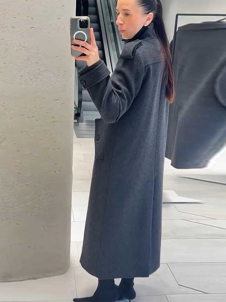 Casual Long Woolen Women Coat Fashion Stand Collar Full Sleeve Double Breasted Female Outwear 2026 Spring Autumn Lady StreetwearT251224