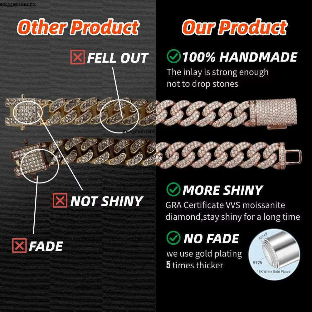Heavy Thick Necklace Chaines 20mm Big Stone Cuban Link Chain Gra Iced Out VVS Moissanite 925 Silver Hip Hop Jewelry for Men