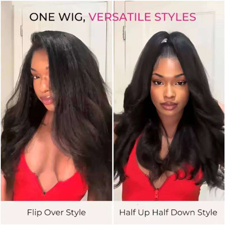 250% Long Yaki Kinky Straight Wigs Human Hair Flip Over 3 In 1 Upgrade Adjustable 3/4 Half Wig Drawstring Beginner Friendly
