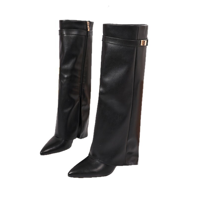 Designer Shoes Plus Size Pointed Booties for Women Thick Heel Wide Shaft Riding High Tube Long Boots