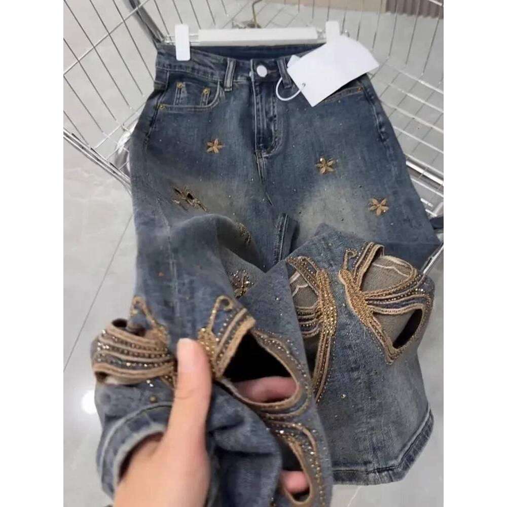Butterfly Rhinestone Jeans Women Y2K Summer High Waist Wide Leg Straight Pants Distressed Hollow Out Loose Fit Denim Trousers X251224