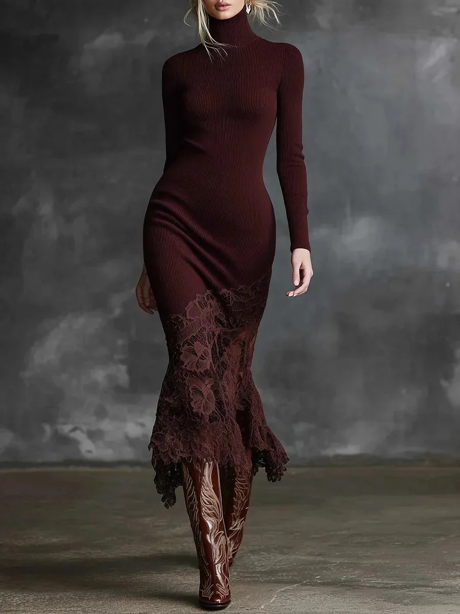 Spring Autumn Women Sexy Lace Splicing Comfortable High Neck Slim Fit Long Sleeve Evening Wine Red Maxi Dress 251223 C260311