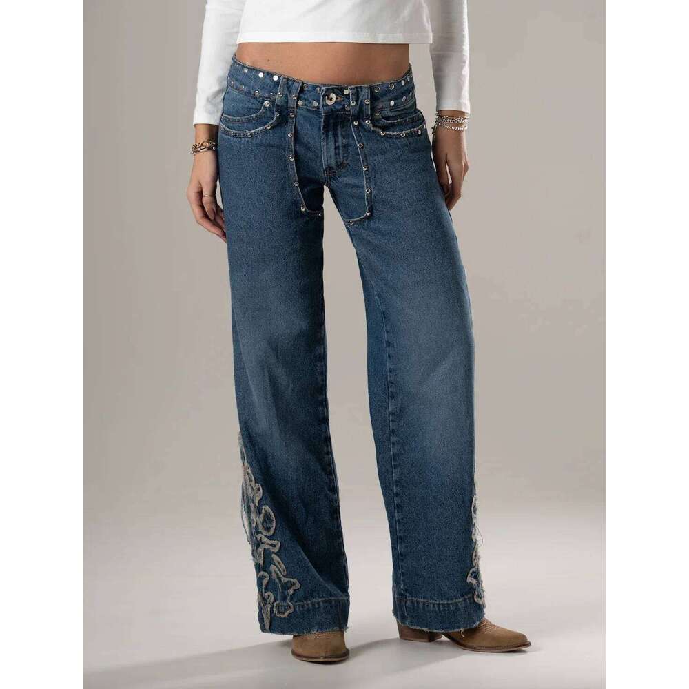 One Dilemma Sequin Embroidery Star Pattern Wide Leg High Waisted Jeans Harajuku Vintage Y2k Baggy Women Straight Pants X251224