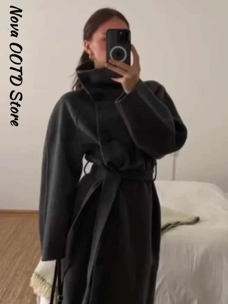 Elegant Solid Lace Up Long Woolen Coat Women Stand Collar Single Breasted Retro Coats 2025 Autumn Winter Lady All-match OutwearsT251224