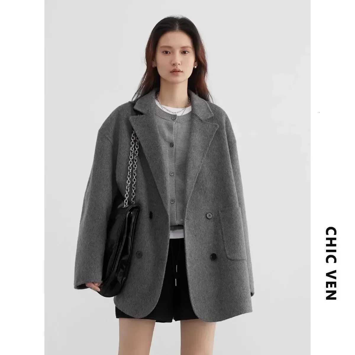 CHIC VEN Womens Woolen Coats Loose Casual Double Breasted Retro Double-sided Jacket Office Lady Outerwear Autumn Winter 2023T251224