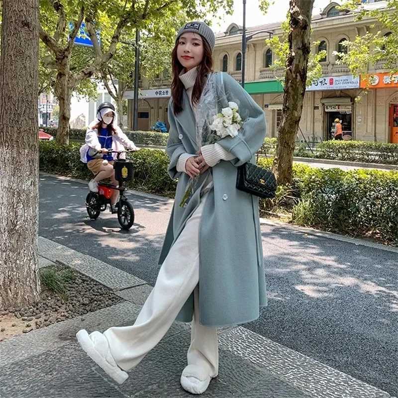 Winter Korean Handmade Double Breasted Long 100 Wool Coat Women Casual Loose Lacing Belt Woolen Overcoat OversizedT251224