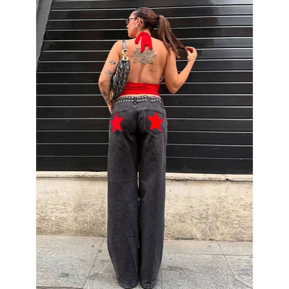 Fashion Dropped Riveted Denim Trousers Women High Street Straight Floor-length Solid Pants Autumn Winter All-match Y2K Jeans X251224