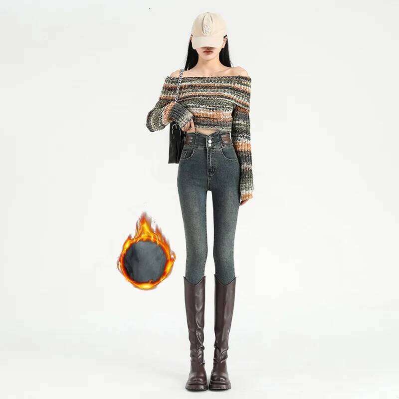 High Waist New Women's Fleece Jeans Winter Warm Thermal Slim Blue Black Fashionable Casual Velvet Elastic Pencil Denim Trousers X251224