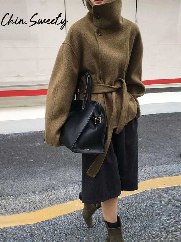 Urban Woolen Belt Women Coat Casual Long Sleeve Button Patchwork Female Jacket 2025 Autumn Winter Fashion Lady StreetwearT251224