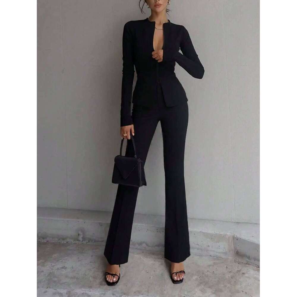 Ladies' solid color black casual elegant high waisted straight leg pants suitable for daily outings office commuting X251224