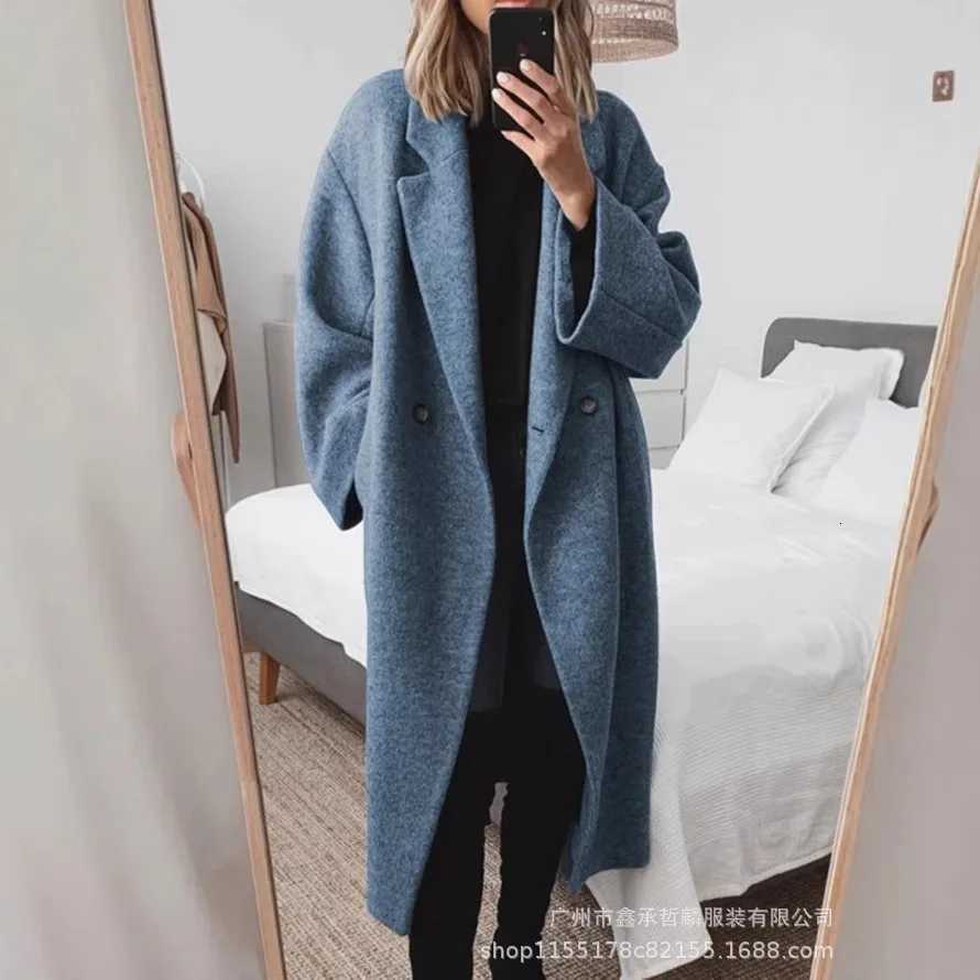 Women Wool Coat Long Jacket Autumn Winter 2025 Thick Overcoat Button Pockets Turn Down Collar Office Lady Woolen OuterwearT251224