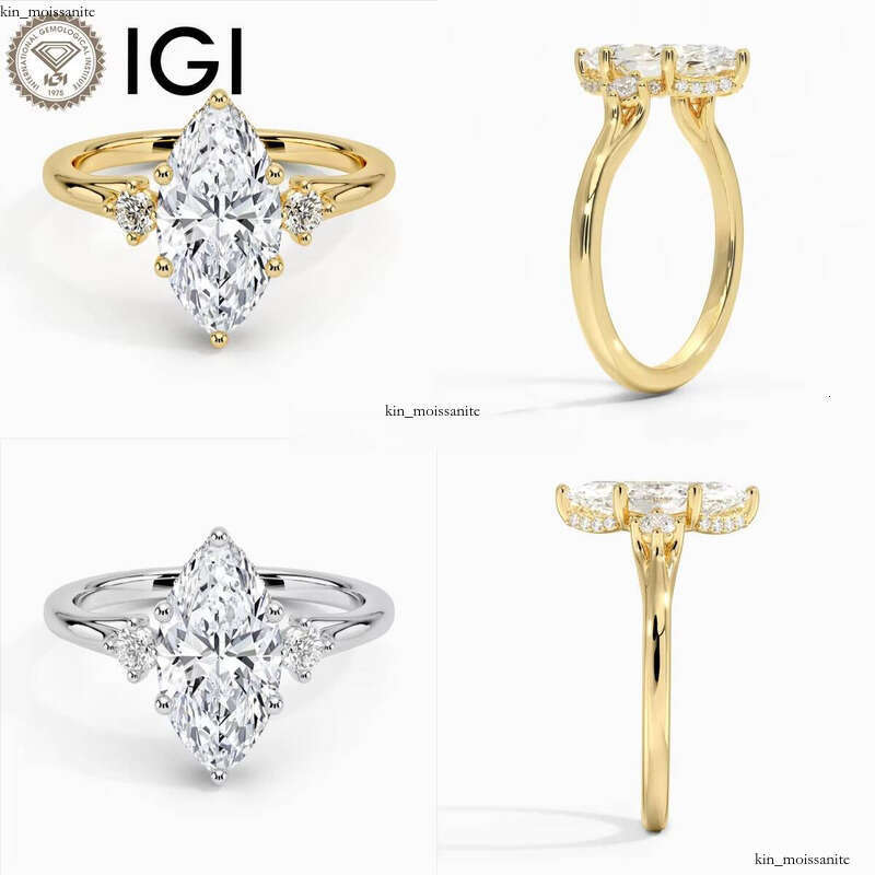 CVD/HTTP Marquise Cut IGI Lab-Grown VVS Moissanite 9K 10K 14K 18K Pure Gold 1ct 1.5ct 2ct Three-Stone Halo Engagement Ring