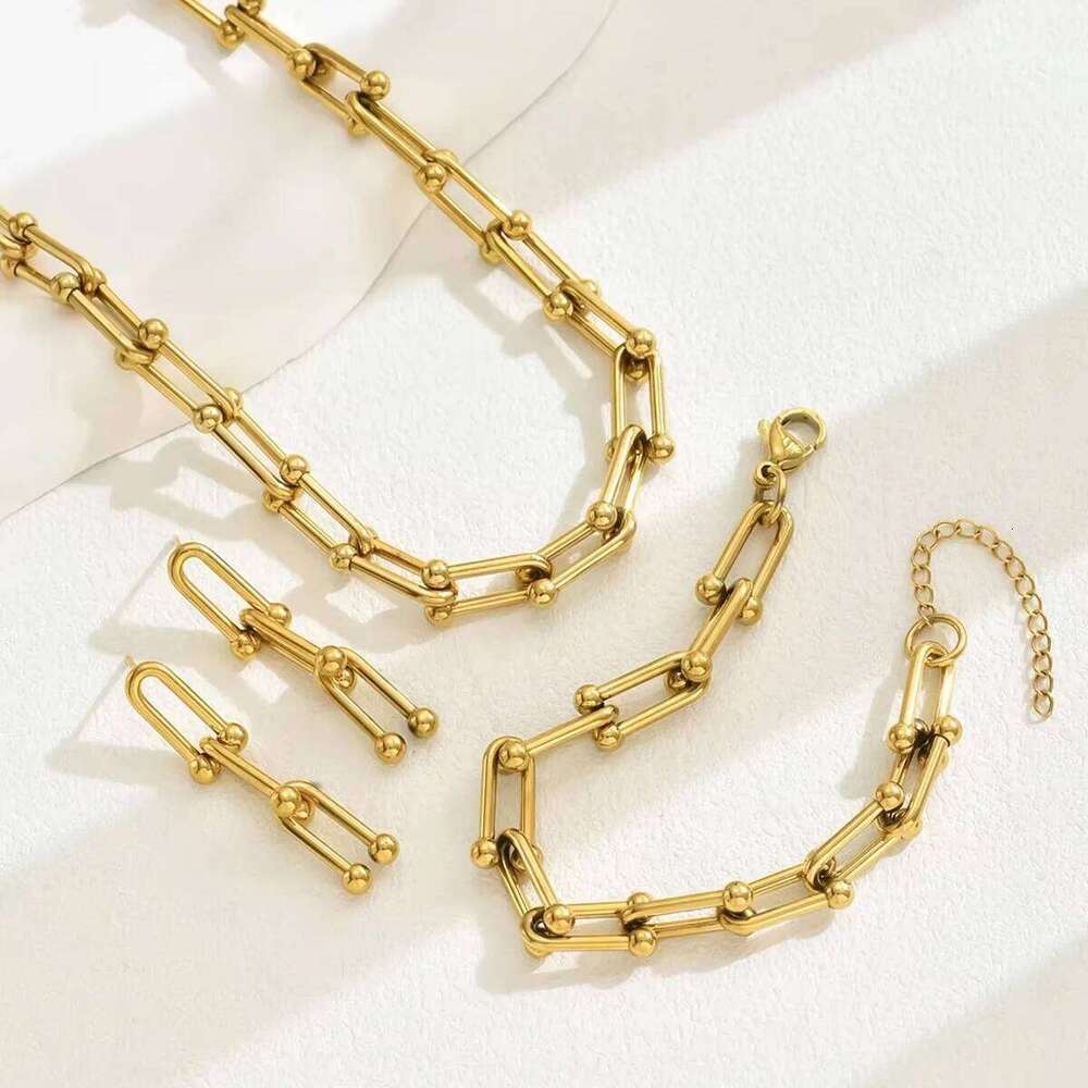 3 PCS Trendy U-shaped Buckle Necklace Dangle Earrings Bracelet Set For Women Luxury Simple Design Unisex Jewelry Girl Gift