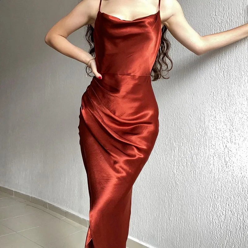 Spring Strap Womens Dress European and American High end Sexy Spicy Girl Low cut Satin Split Back 251223 C260312