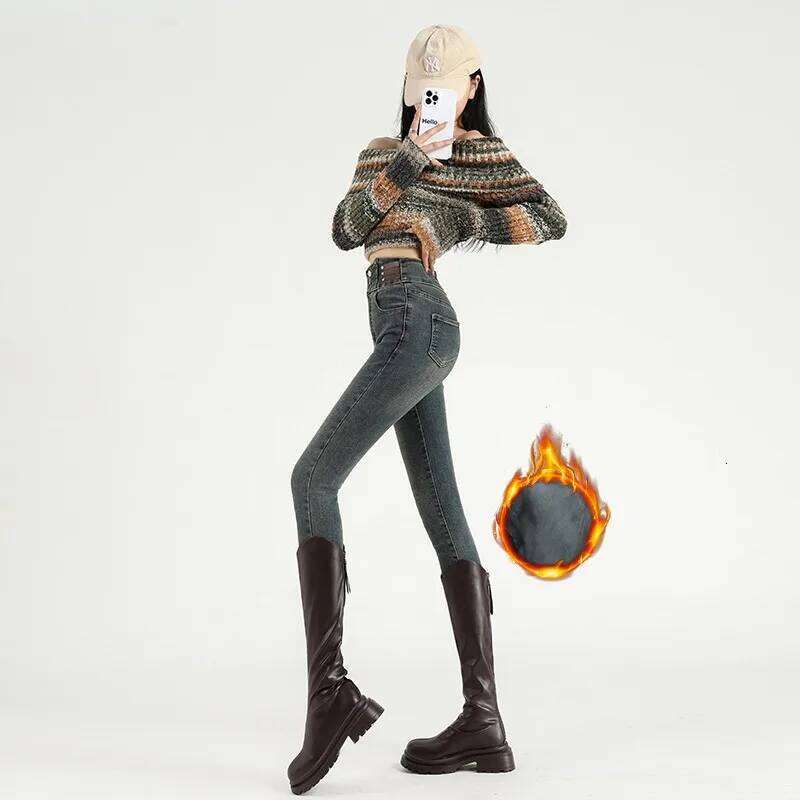 High Waist New Women's Fleece Jeans Winter Warm Thermal Slim Blue Black Fashionable Casual Velvet Elastic Pencil Denim Trousers X251224