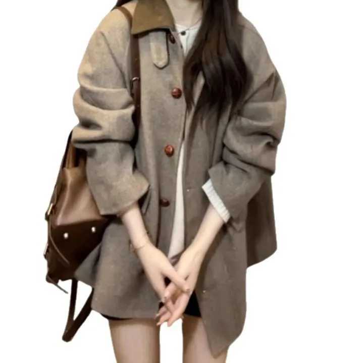 Wool Jacket Women Short Coat Woolen Overcoat Autumn Winter Vintage Outerwear Single Breasted Turn Down Collar Office LadyT251224