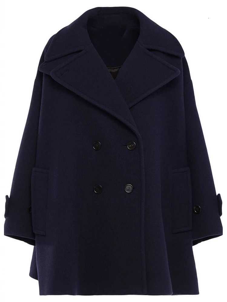 DEAT Fashion Navy Blue Woolen Coat Womens Big Lapel Double Breasted Long Sleeves Overcoat Winter New 7A1868T251224