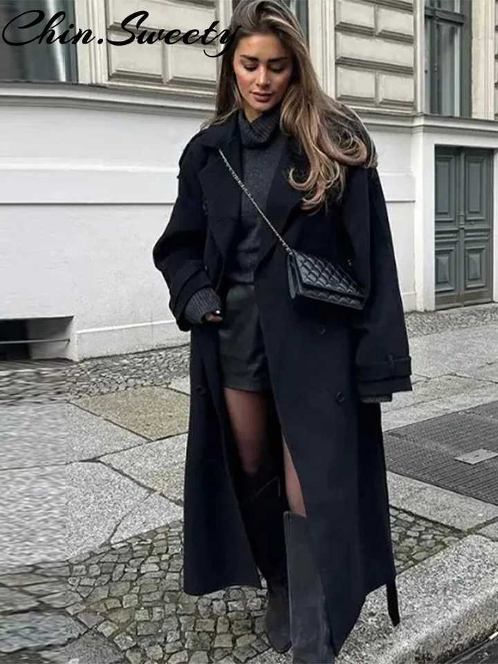 Casual Woolen Women Coat Fashion Doube-Breasted Turn-Down Collar Long Sleeve Female Coats 2025 Autumn Winter Chic Lady OutwearT251224