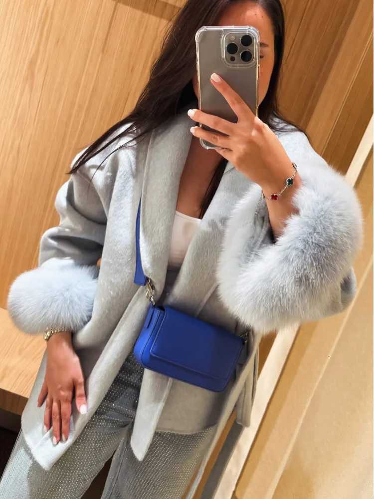 Grey Lace Up Faux Fur Sleeve Jacket Luxury Womens Mid-length V-neck Woolen Blend Coat Autumn Casual Fashion Scarf Outwear 2025T251224