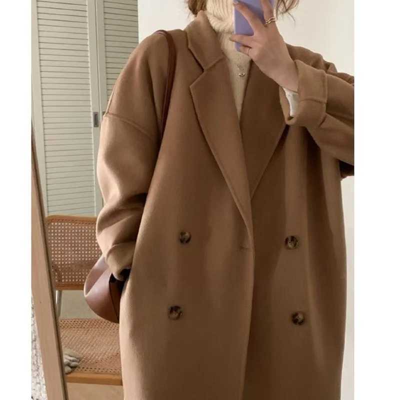 Autumn Winter Womens Elegant Woolen Warm Jacket Coat Fashion Medium Long Camel New In Trench CoatsT251224