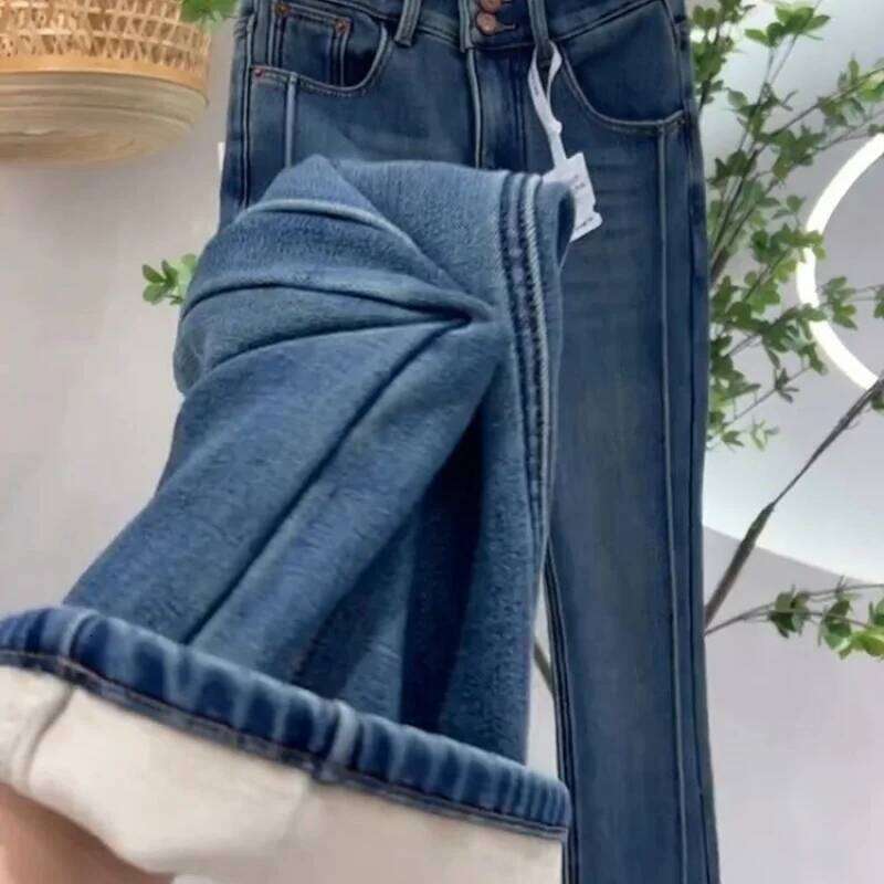 Women's Winter 2025 New Style Flared Pants Retro Blue Thickened Fleece Lined High Waist Jeans for Petites X251224