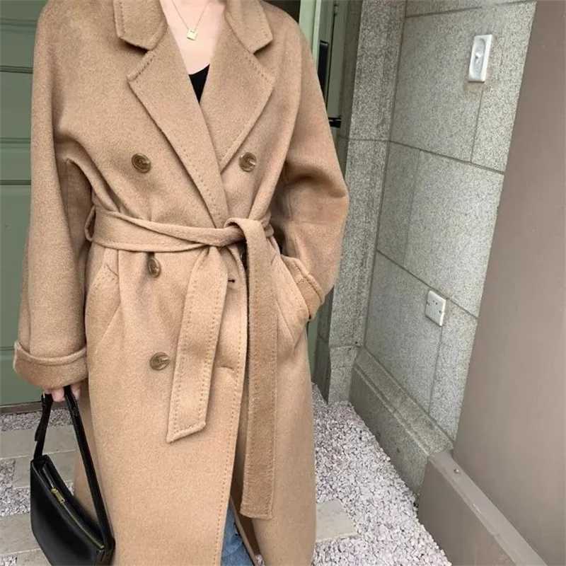 Winter Korean Handmade Double Breasted Long 100 Wool Coat Women Casual Loose Lacing Belt Woolen Overcoat OversizedT251224