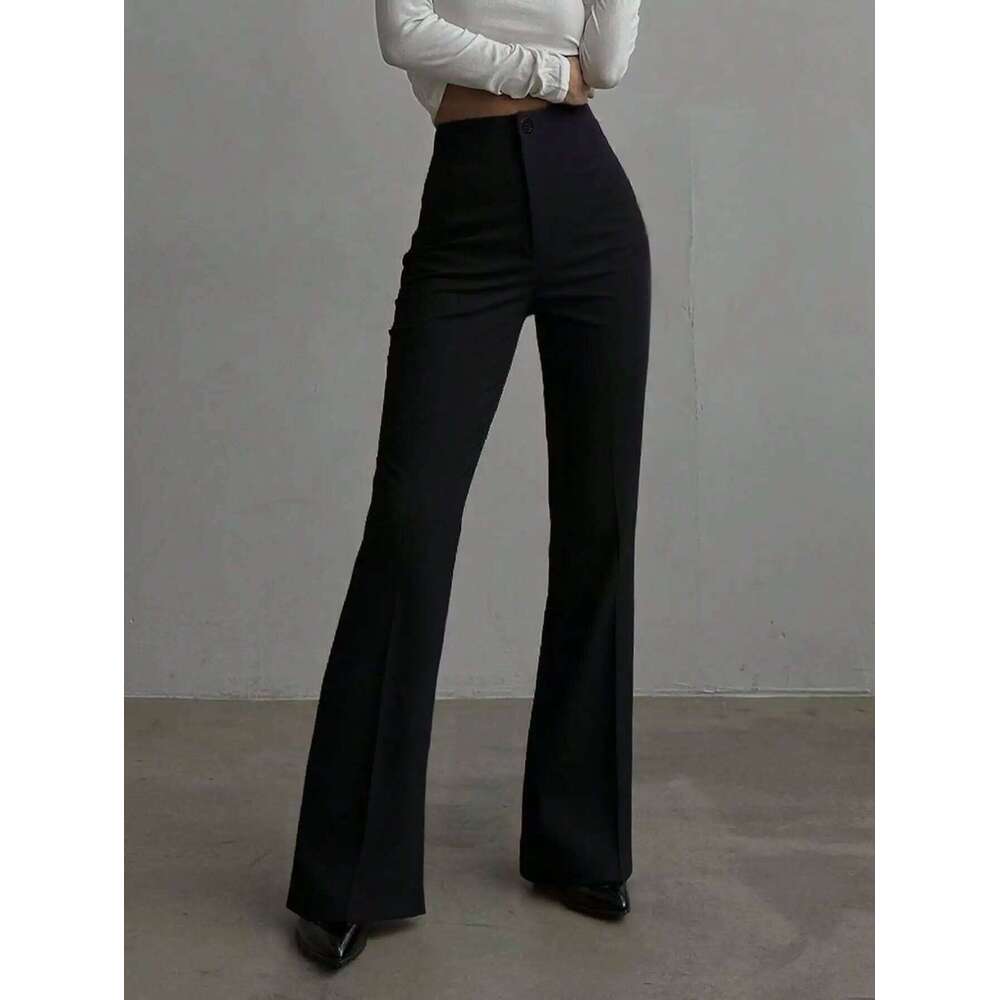 Ladies' solid color black casual elegant high waisted straight leg pants suitable for daily outings office commuting X251224