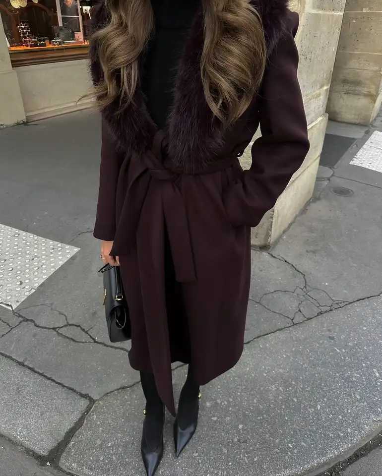 Casual Fur Collar Woolen Overcoat Women Chic Patchwork Lace Up Full Sleeve V-neck Loose Coats 2026 Lady High Street Warm OutwearT251224