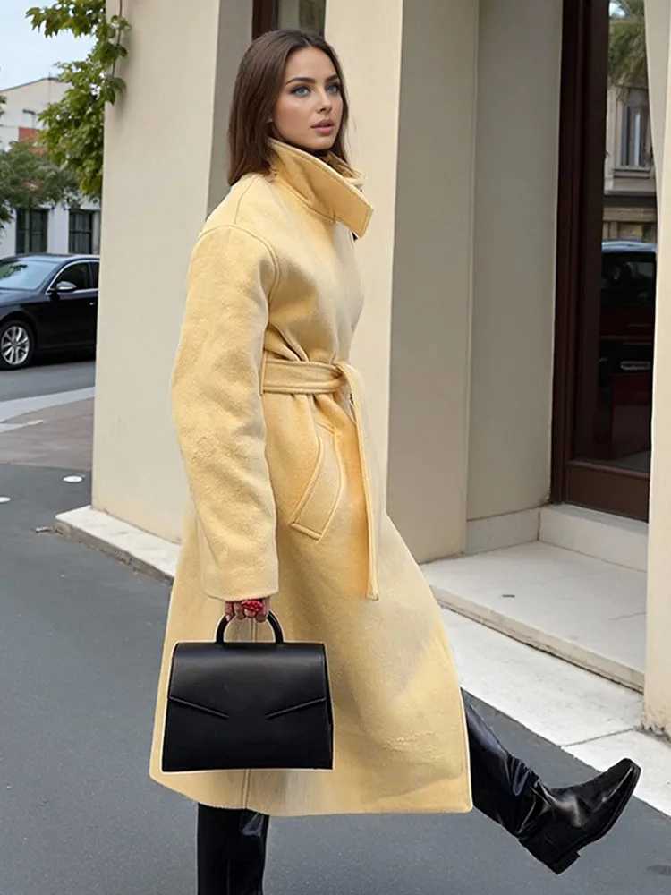 Fashion Turtleneck Lace Up Overcoat Women Elegant Yellow Casual Stand Collar Pocket Loose Outerwears Lady Commute Office JacketT251224