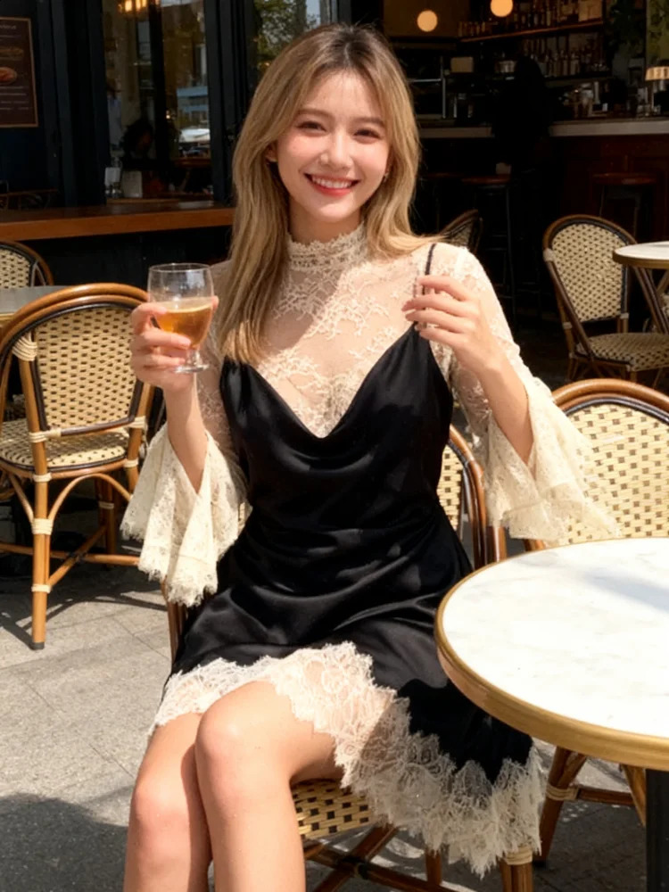 Sexy Lace Patchwork Mini Dress Women Chic Full Sleeves Waist Cinching See Through Slim Short Dresses Lady Club Party Wear 251223