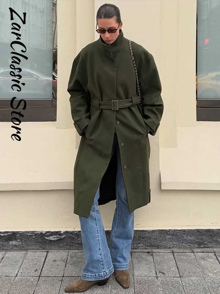 Elegant Stand Collar Belt Mid Woolen Women Coats Warm Single Breasted Full Sleeve Solid Quilted Jackets 2025 Thicken OutwearsT251224