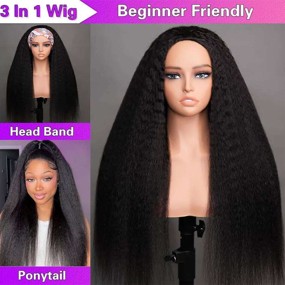 250% Long Yaki Kinky Straight Wigs Human Hair Flip Over 3 In 1 Upgrade Adjustable 3/4 Half Wig Drawstring Beginner Friendly
