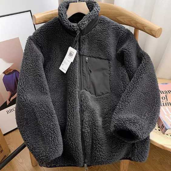 Couple-style fall-winter loose, windproof, pocketed, crew-neck, warm sheepskin coat H251224