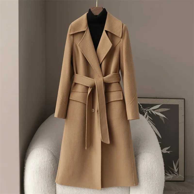 2025 Autumn 100 Wool Coats With Belt Fashion Open Stitch Elegant Woolen Cashmere Coat Veste Femme TopsT251224