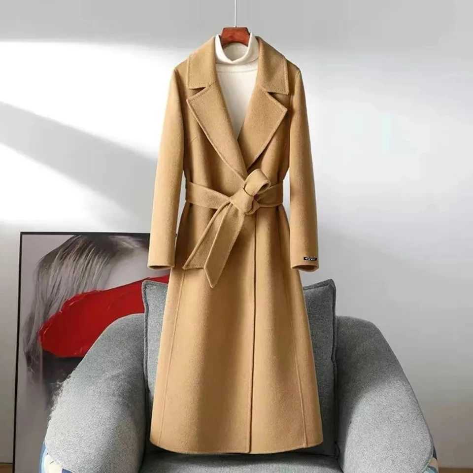 Red Wool Jacket Womens Clothing 2025 Autumn Winter New Fashion Slim Temperament Jacket With belt Female Casual Long OvercoatT251224