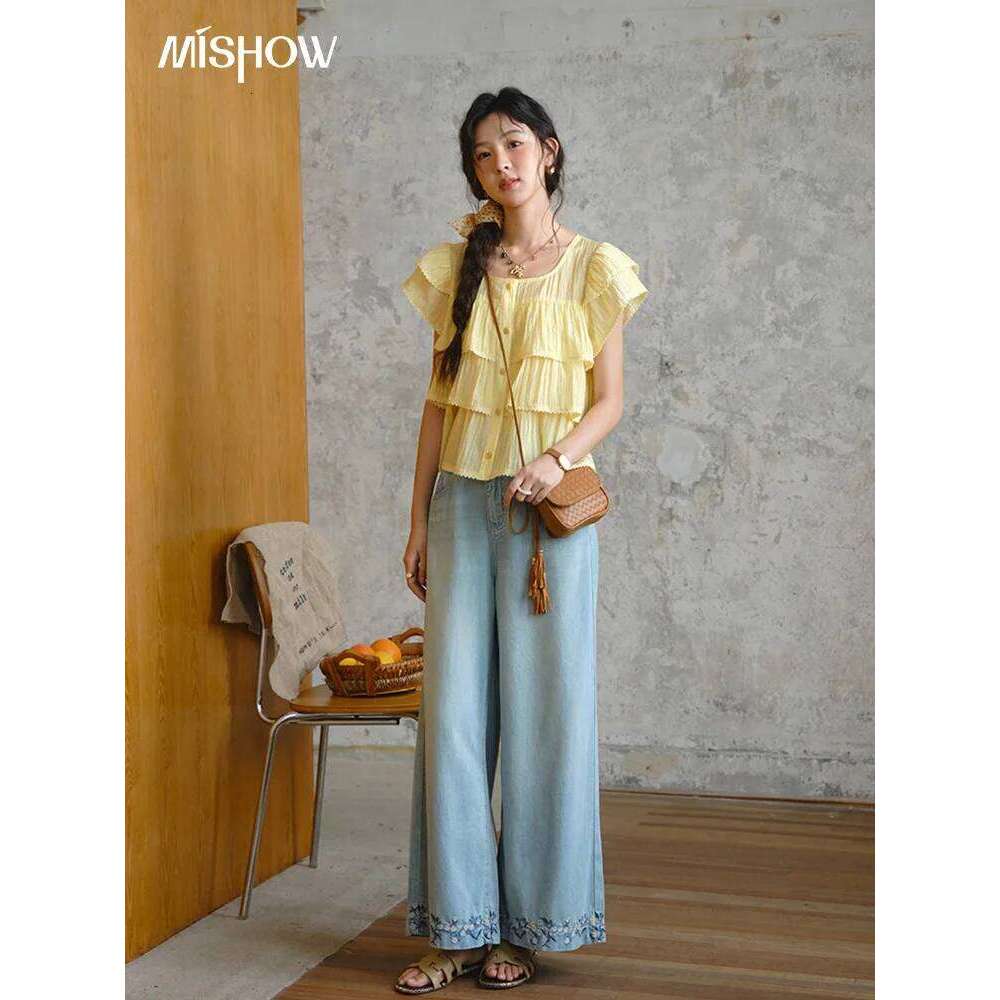 MISHOW Women Flower Embroidery Wide Leg Pants 2025 Summer Office Lady Fashion High Waist Slim Jeans Female Clothing MXE37K0991 X251224