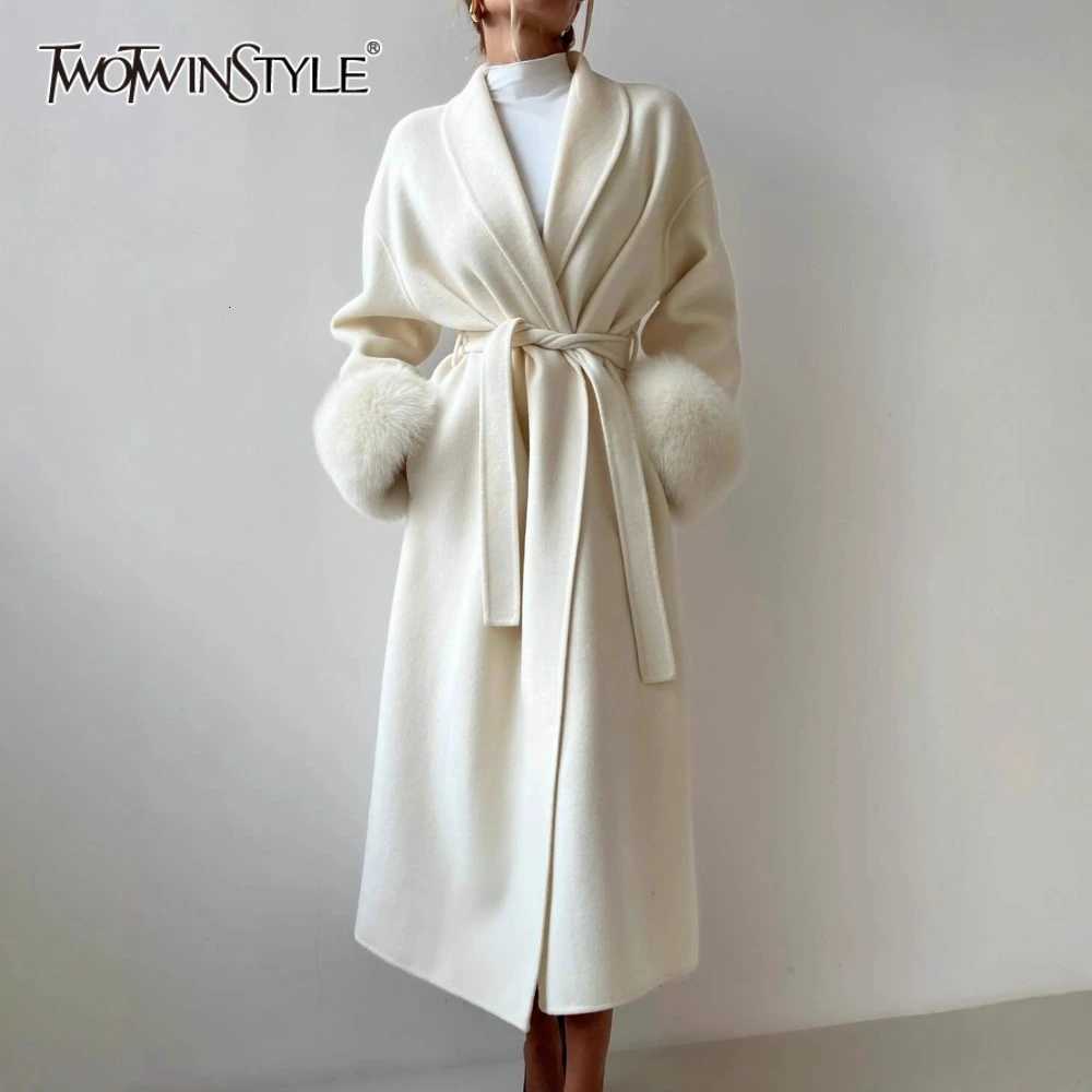 TWOTWINSTYLE Elegant Patchwork Lace Up Slim Coat for Women Lapel Long Sleeve with Feather Temperament Wool Trench Female AutumnT251224