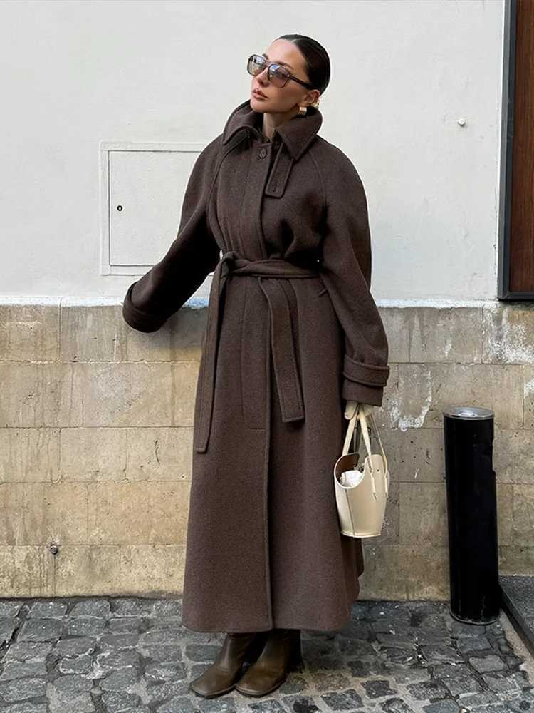 Elegant Lace Up Woolen Coats Women Solid Full Sleeve Single Breasted Turn-down Collar Long Coat Female 2026 Spring Lady OutwearT251224