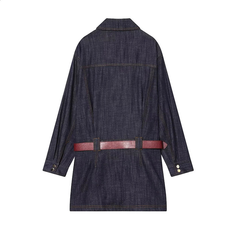 Womens Short Denim Dress Fashion With Belt Turndown Collar Long Sleeves Dresses Vintage Female Elegant Party 251223