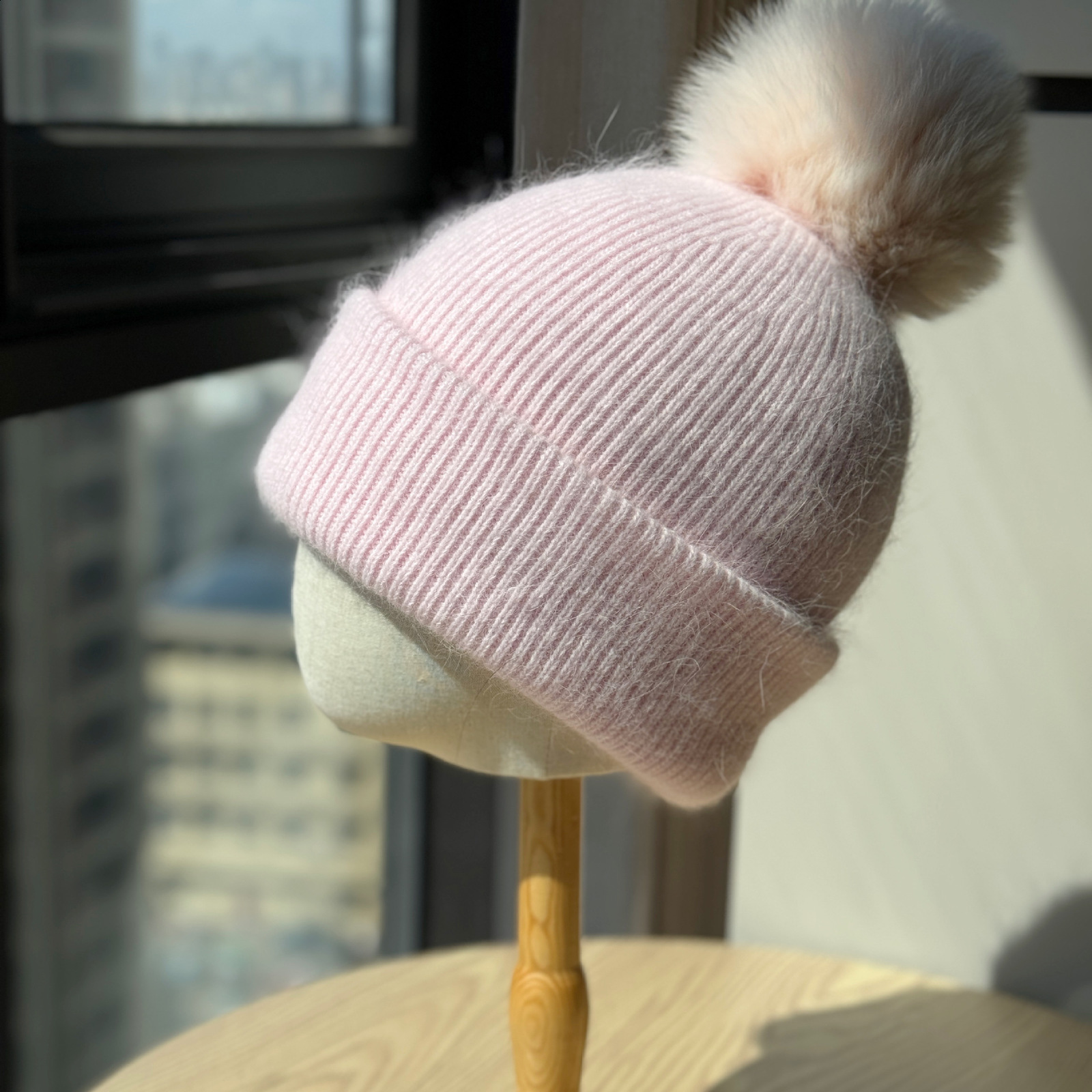 New Style Fox Fur Ball Hat for Women Winter Solid Color Woolen Thread Hat Face Slimming Ear Protection Knitted Thickened Warmth Cold Protection