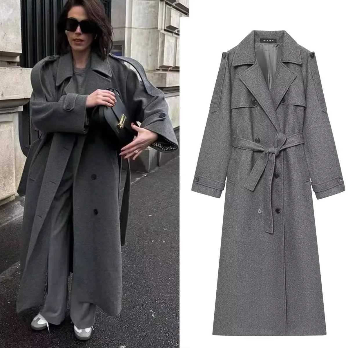 Double-breasted Long Woolen Coats Womens Elegant Lapel Pocket Blends Overcoat With Belt Winter New Female Casual StreetwearT251224